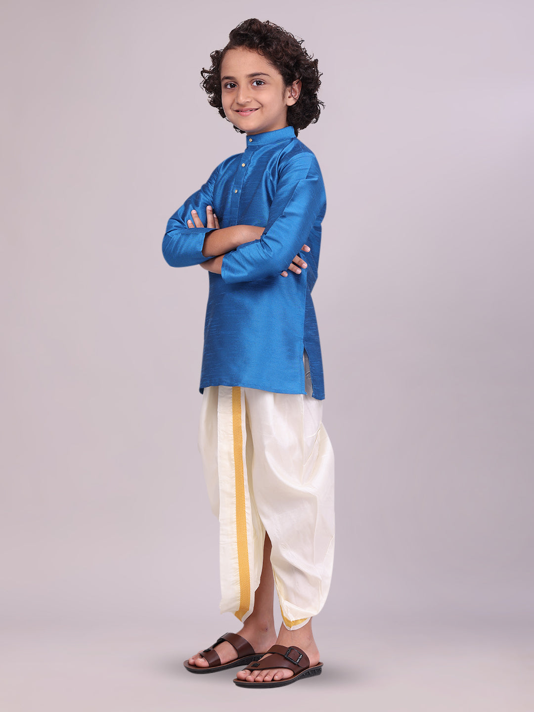 Boys Blue Colour Kurtha with Gold Jari Panchakacham Combo Chitrang side pose