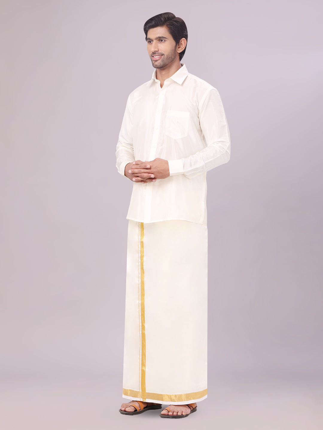 Men's Art Silk Cream Full Sleeves Shirt with 50k Gold Jari Border Dhoti Combo Finesse