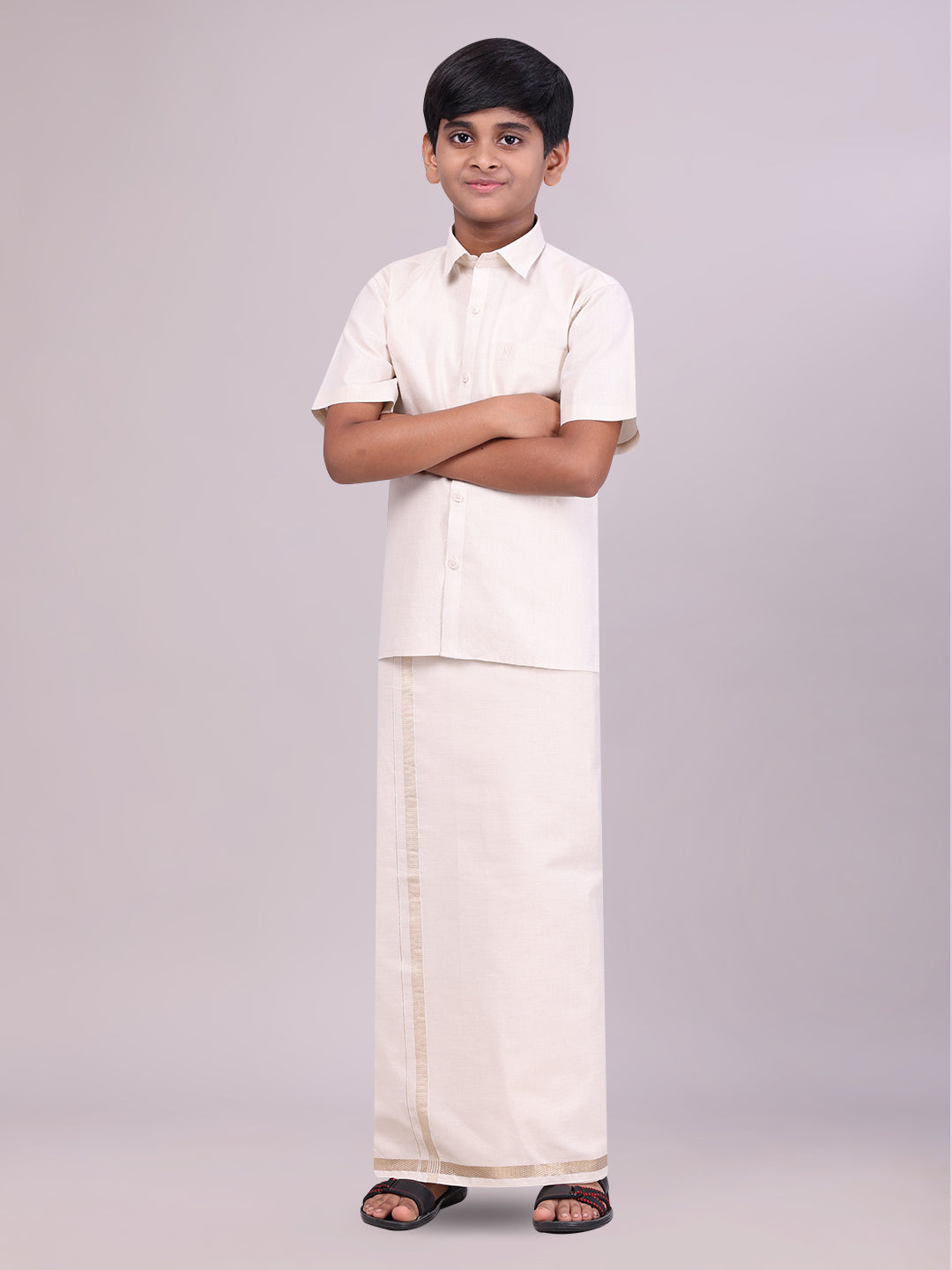 Kids Beige Color Tissue Shirt with Jari Dhoti Combo