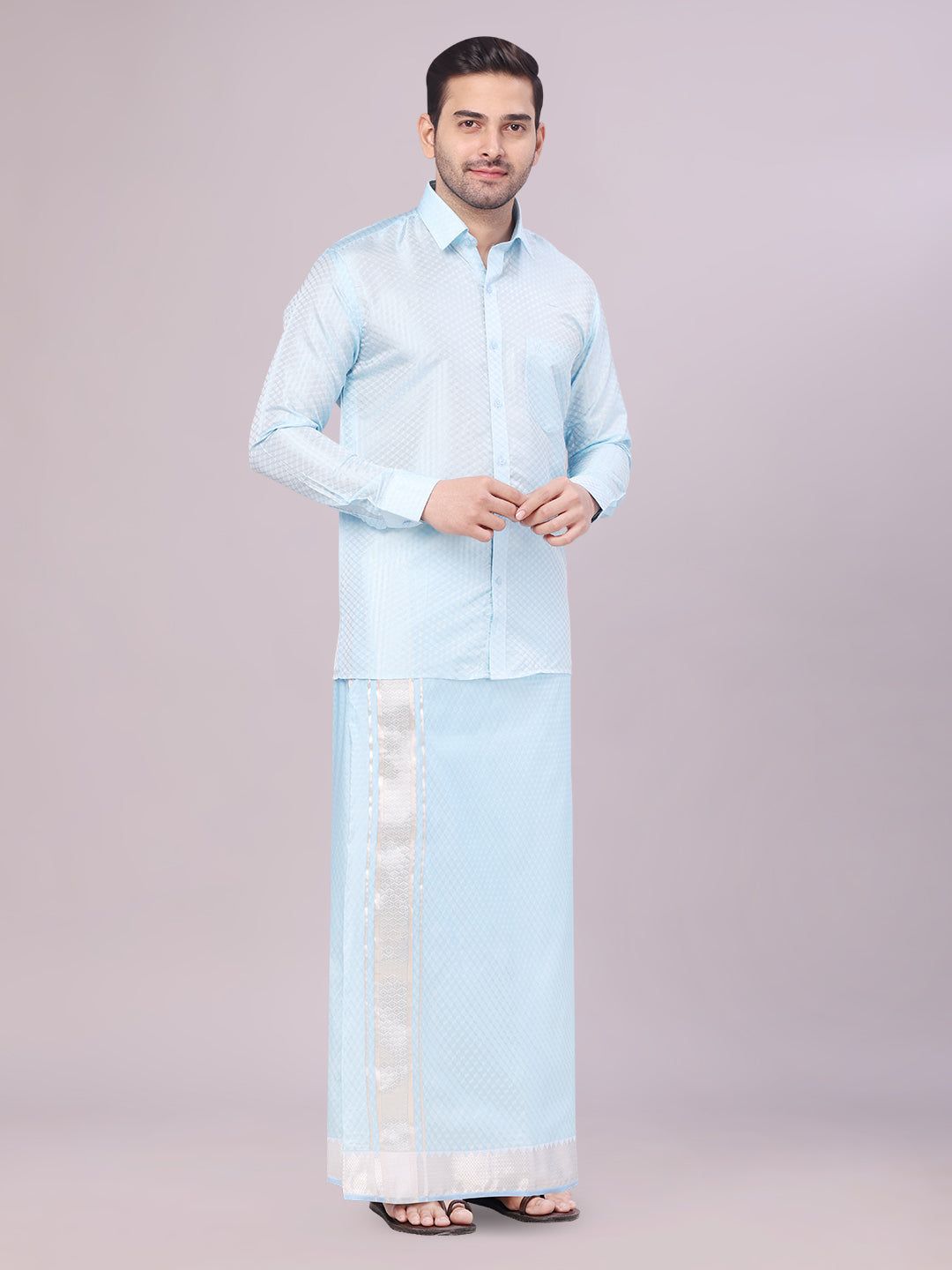 Men's Art Silk Sky Blue Jacquard Full Sleeves Shirt with 2 1/2" Jari Border & Towel Dhoti Combo Nautica