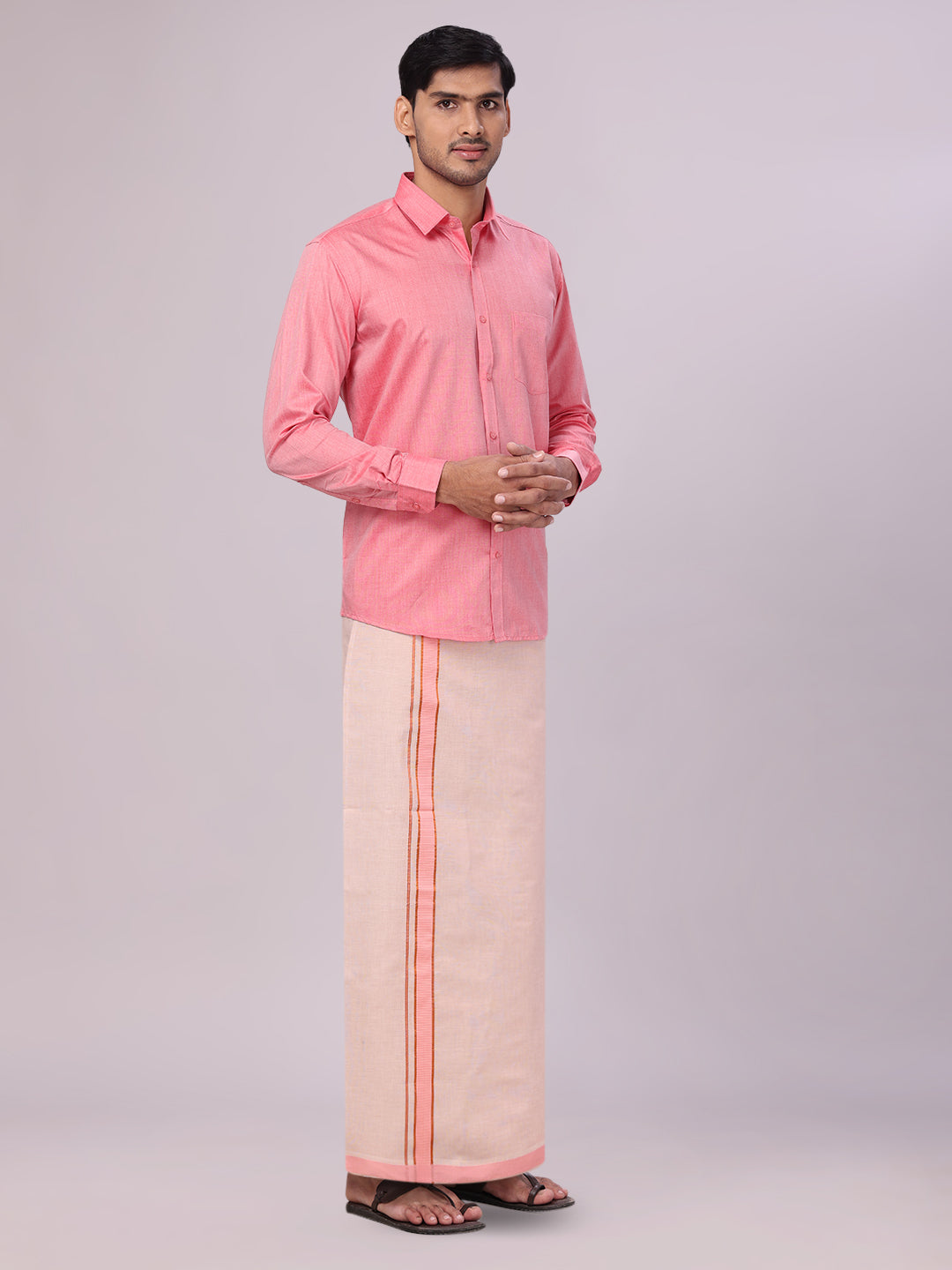 Father & Son Pink Colour Cotton Shirt with Matching Border Tissue Dhoti Combo