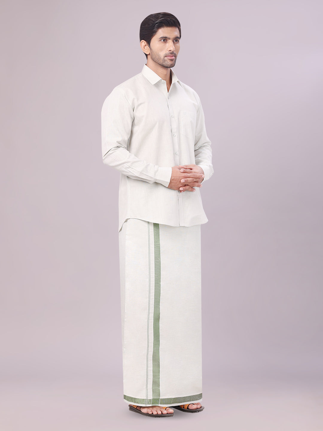 Men's Olive Green Color Tissue Shirt with Jari Dhoti Combo side pose