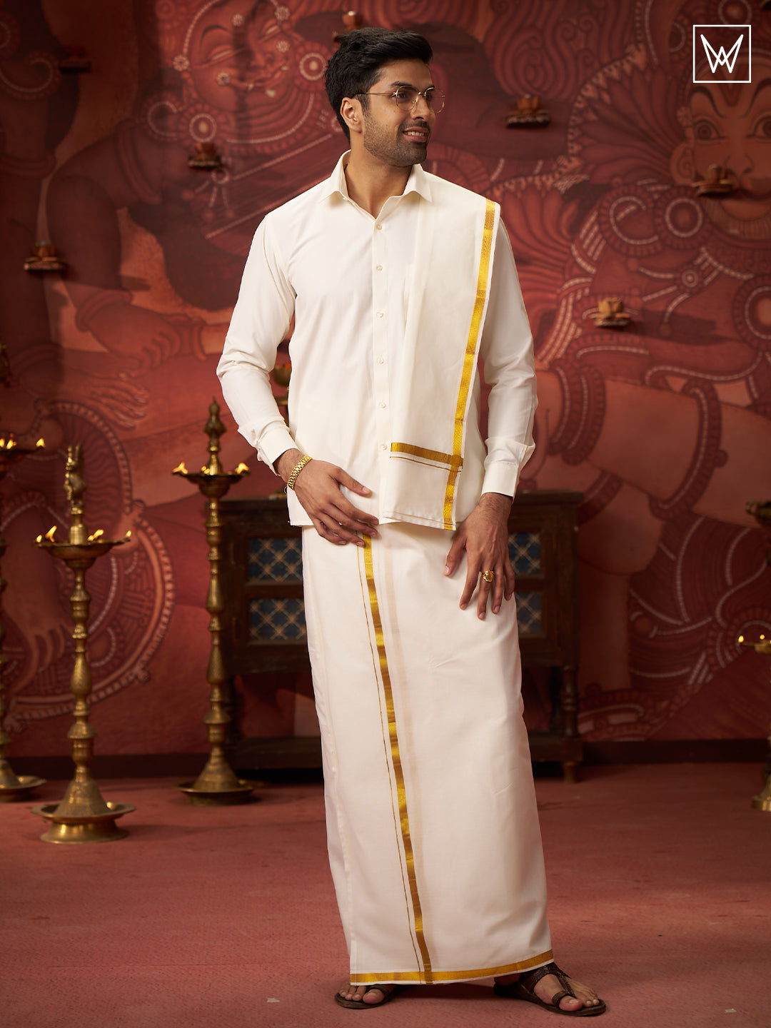 Mens Pure Cotton Cream Wedding Shirt Dhoti Towel Belt Combo - Vaibhav Cream by Minister White