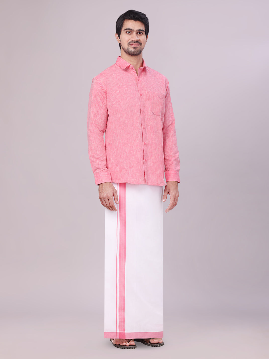 Men's Pink Color Cotton Shirt with Matching Border Dhoti Combo side pose