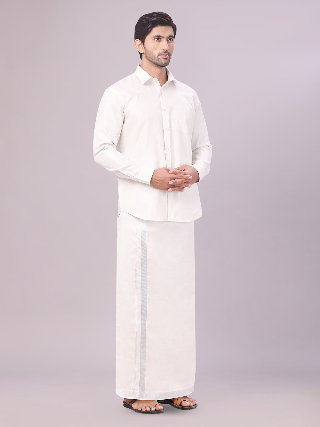 Men's Silver Color Tissue Shirt with Jari Dhoti Combo side pose