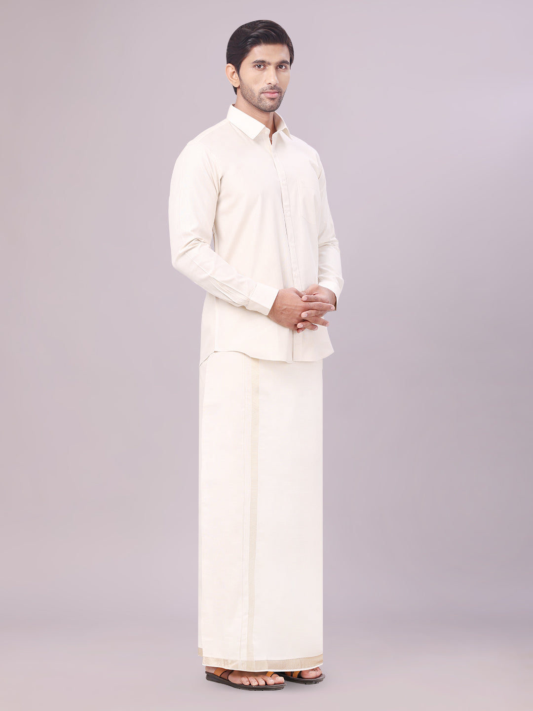 Men's Beige Color Tissue Shirt with Jari Dhoti Combo side pose