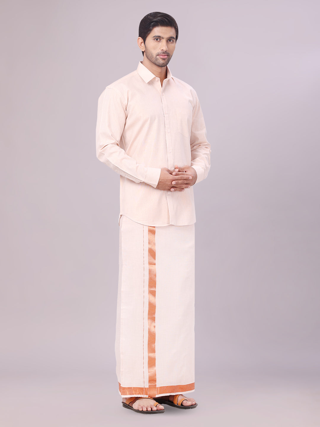 Men's Copper Color Tissue Shirt with Jari Dhoti Combo side pose