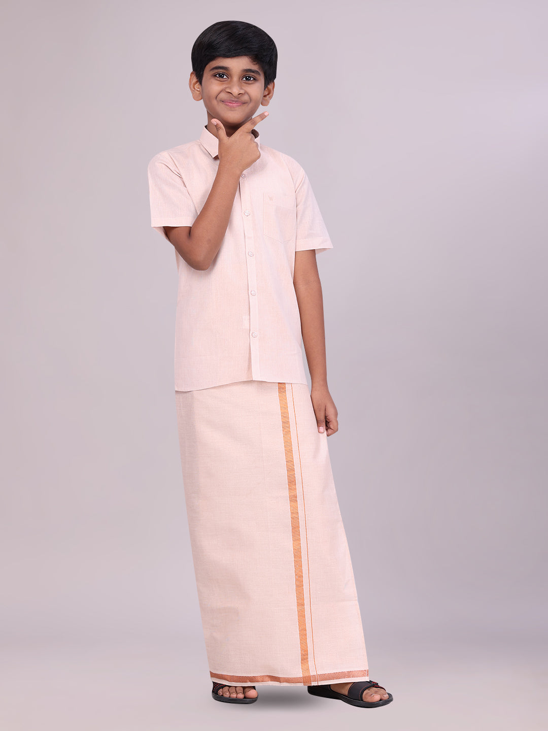 Kids Copper Color Tissue Shirt with Jari Dhoti Combo side pose