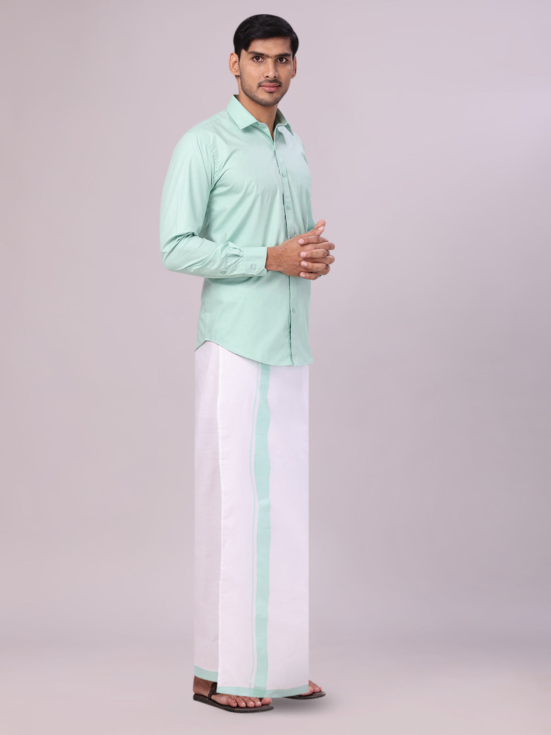 Men's Sea Green Color Shirt with Matching Border Dhoti Combo Casper side pose
