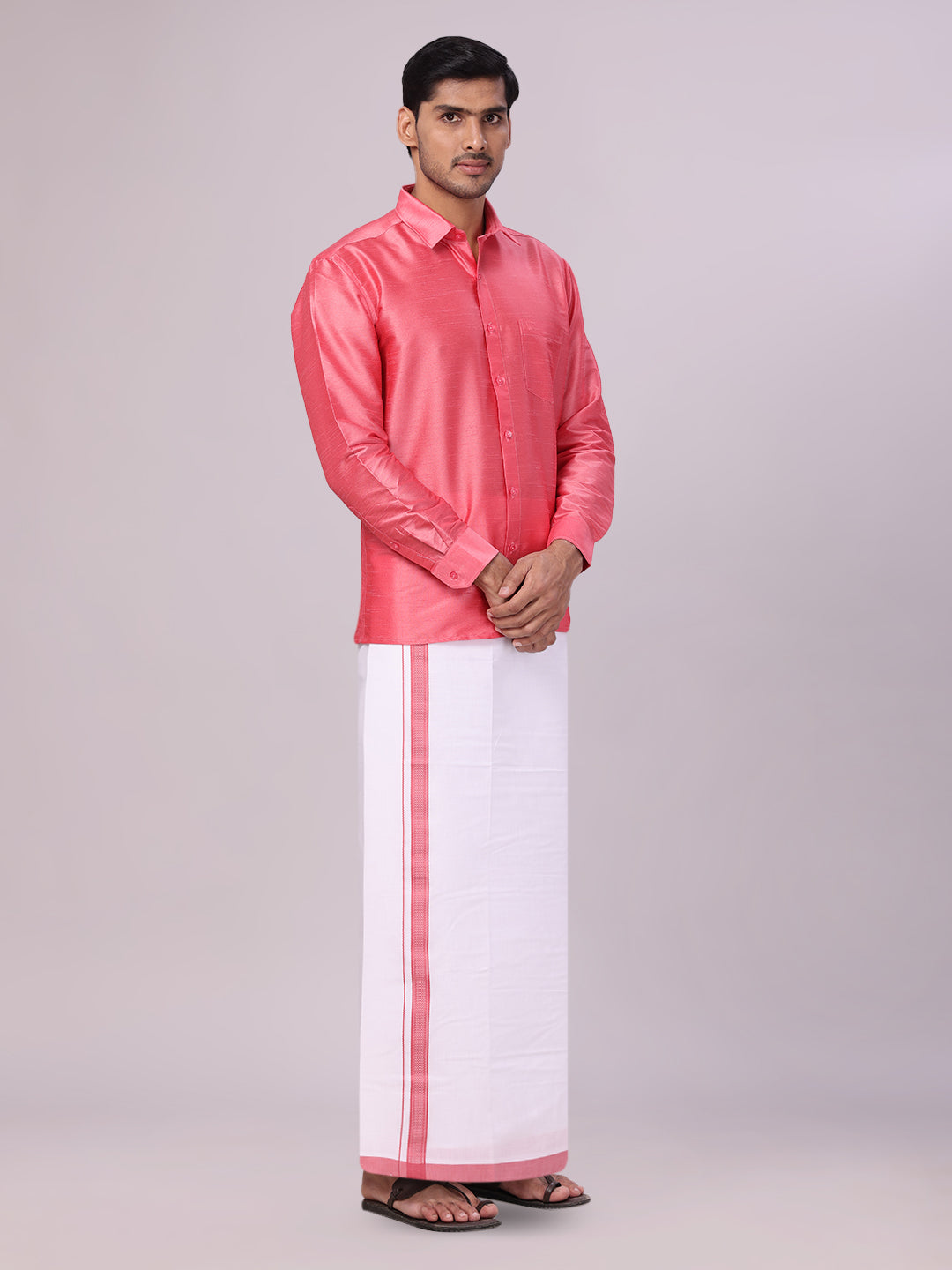 Men's Coral Pink Dupion Satin Color Shirt with Matching Border Flexi Dhoti Combo Gora Flexi side pose