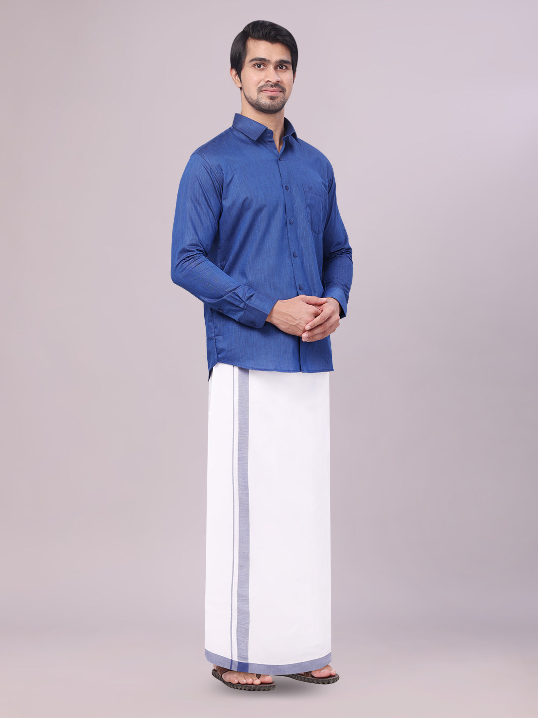 Men's Dark Blue Color Cotton Shirt with Matching Border Dhoti Combo