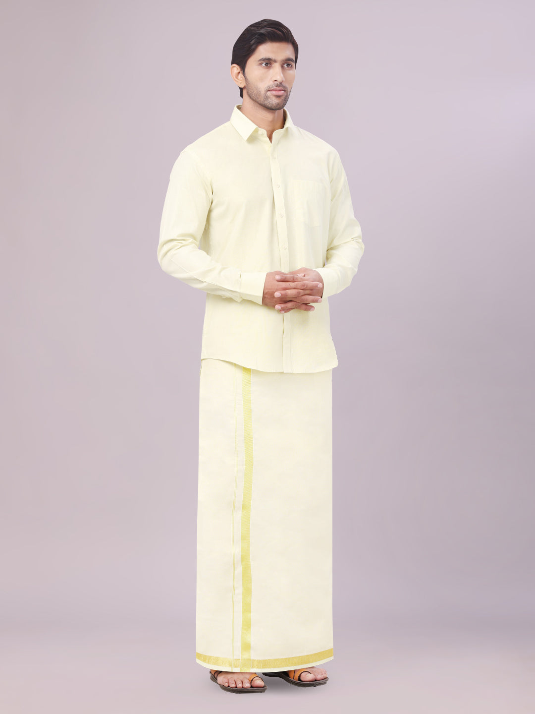 Men's Brass Color Tissue Shirt with Jari Dhoti Combo side pose