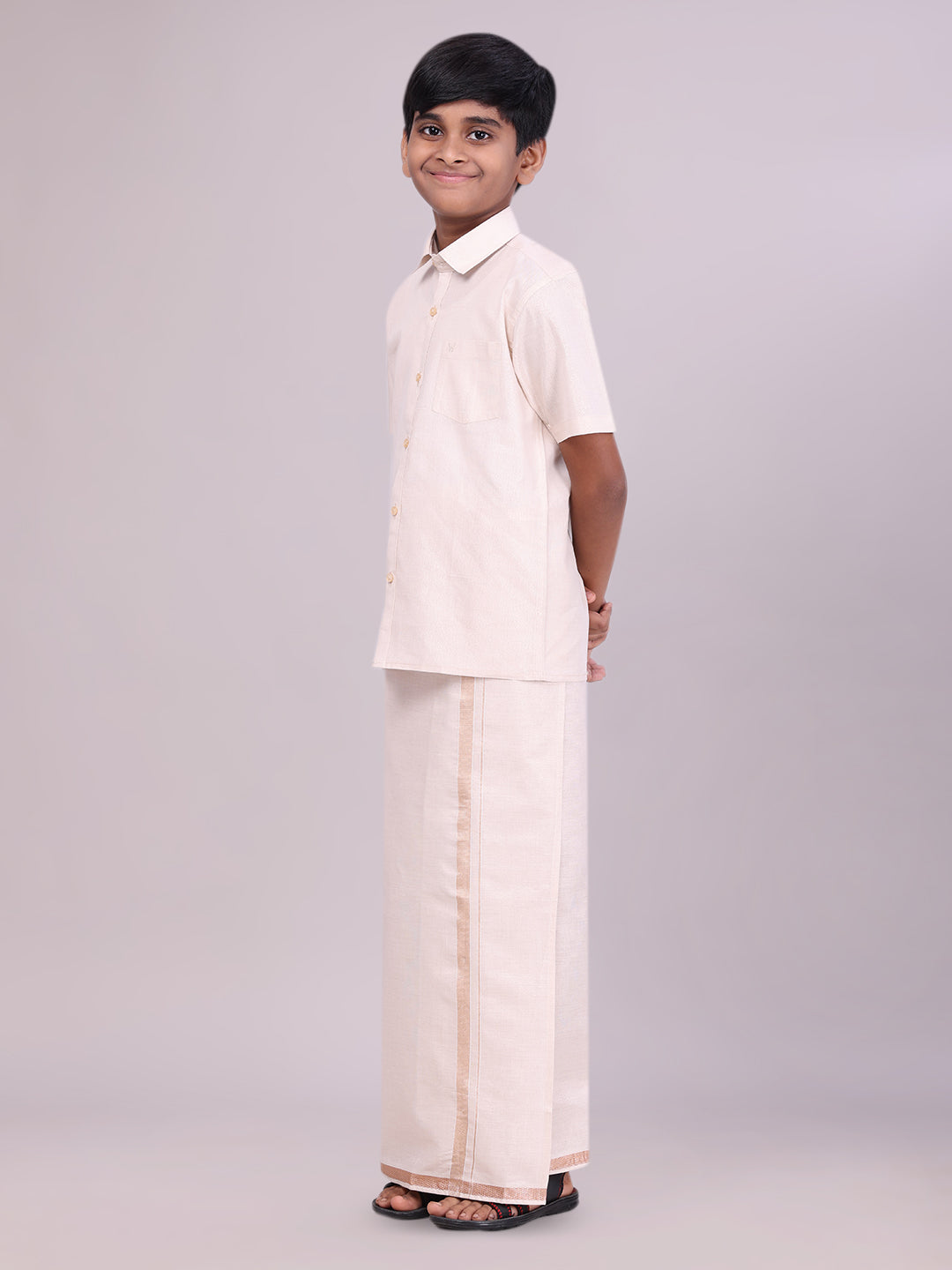 Boys Tissue Light Copper Colour Shirt with Dhoti Combo side pose