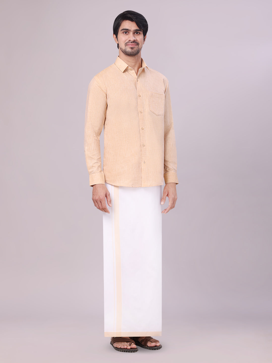 Men's Sandal Color Cotton Shirt with Matching Border Dhoti Combo