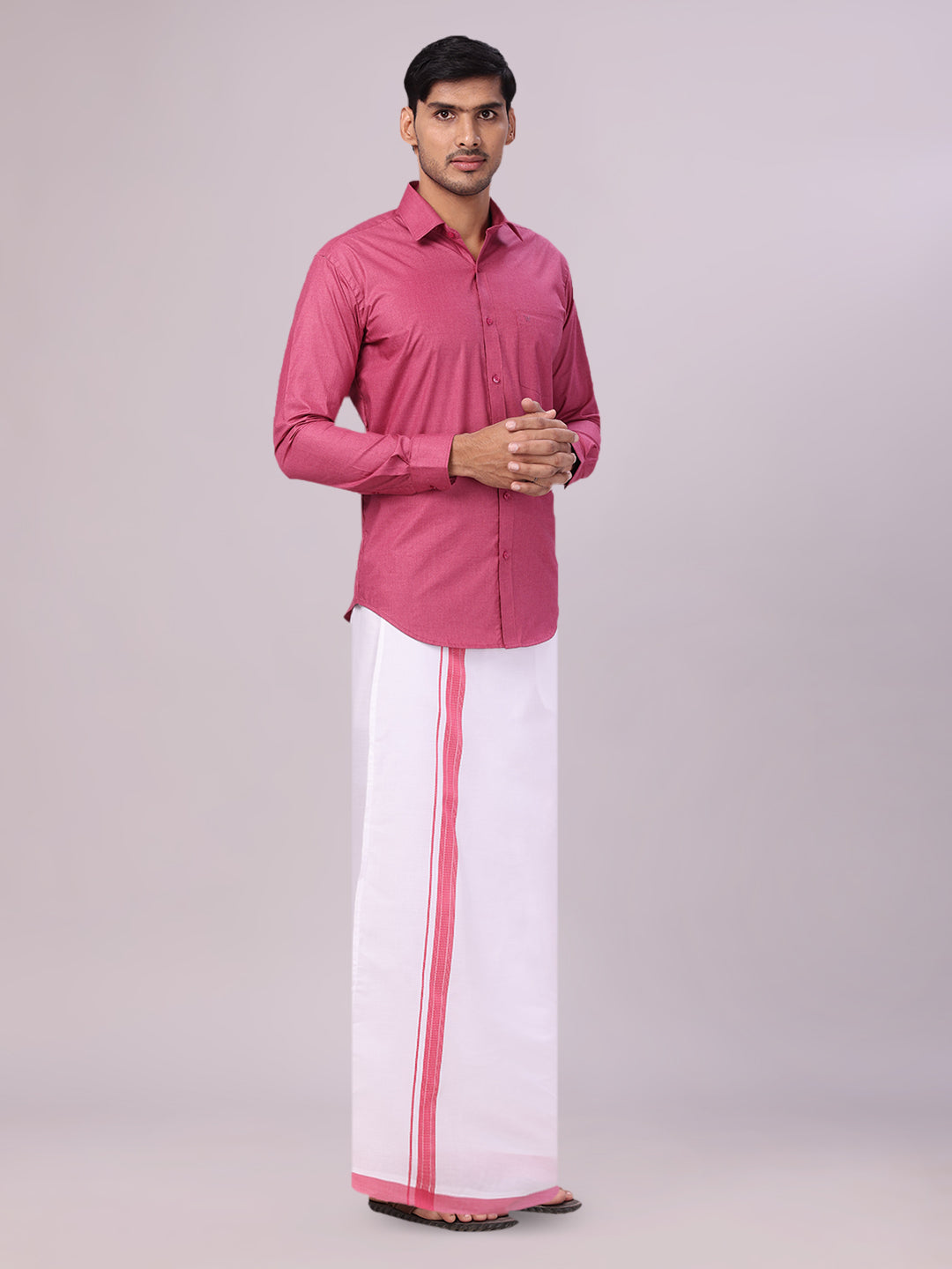 Men's Pink Color Shirt with Matching Border Dhoti Combo Casper side pose