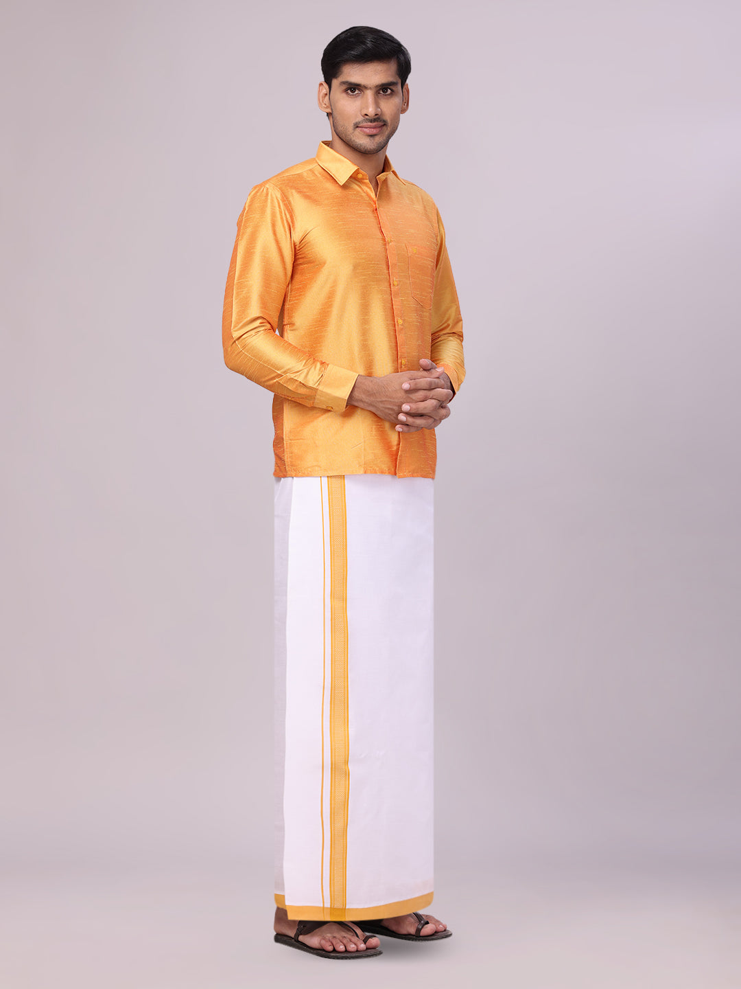 Men's Yellow Dupion Satin Color Shirt with Matching Border Flexi Dhoti Combo Gora Flexi side pose
