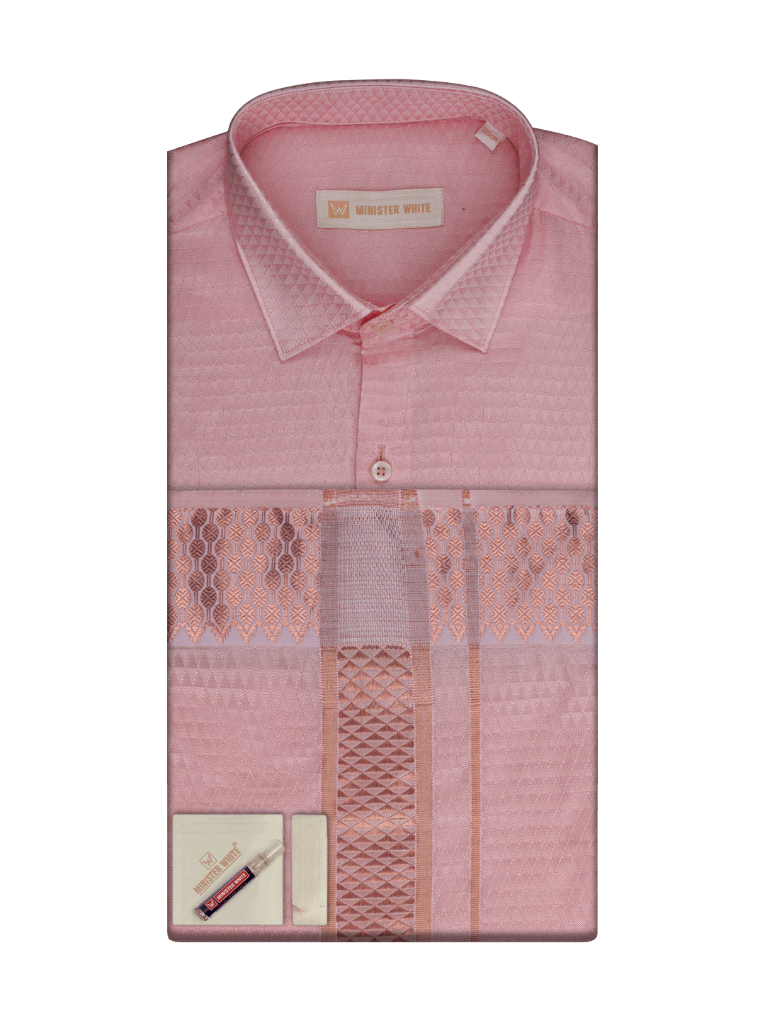 Men's Art Silk Pink Jacquard Full Sleeves Shirt with 2 1/2" Copper Jari Border & Towel Dhoti Combo Nautica