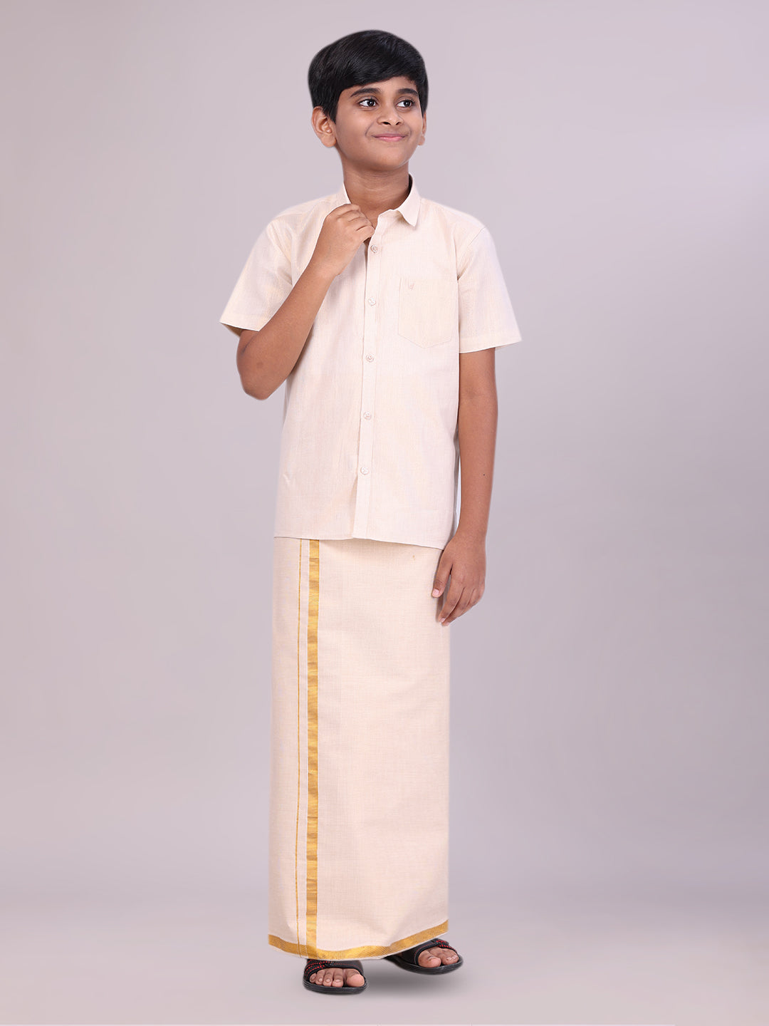 Kids Gold Color Tissue Shirt with Jari Dhoti Combo