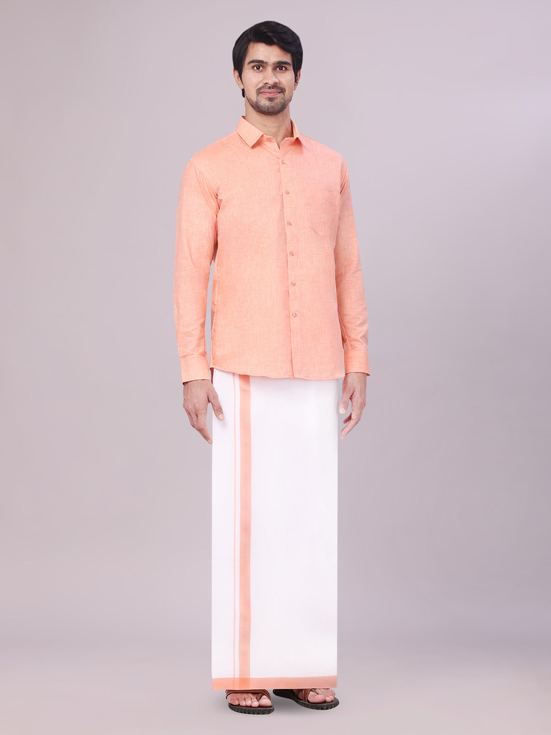 Men's Peach Color Cotton Shirt with Matching Border Dhoti Combo side pose