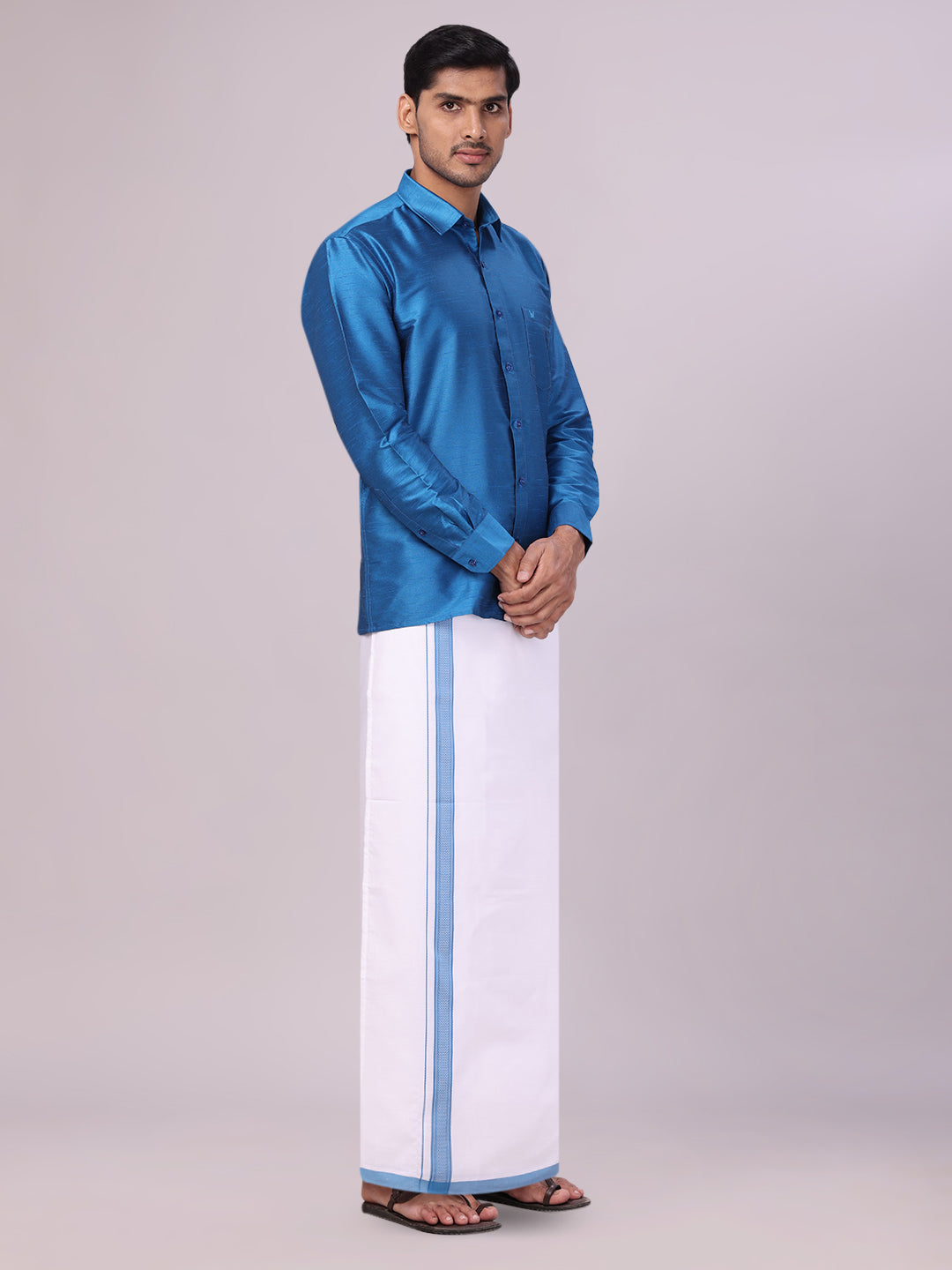 Men's Ramar Blue Dupion Satin Color Shirt with Matching Border Flexi Dhoti Combo Gora Flexi side pose