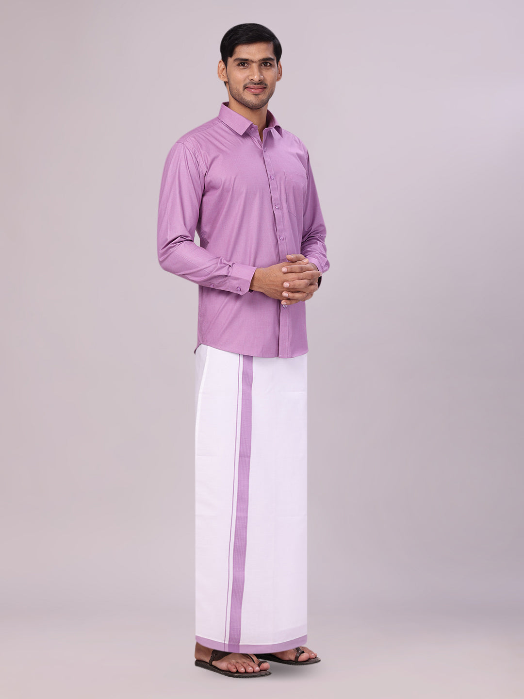 Men's Light Purple Color Shirt with Matching Border Dhoti Combo Casper side pose
