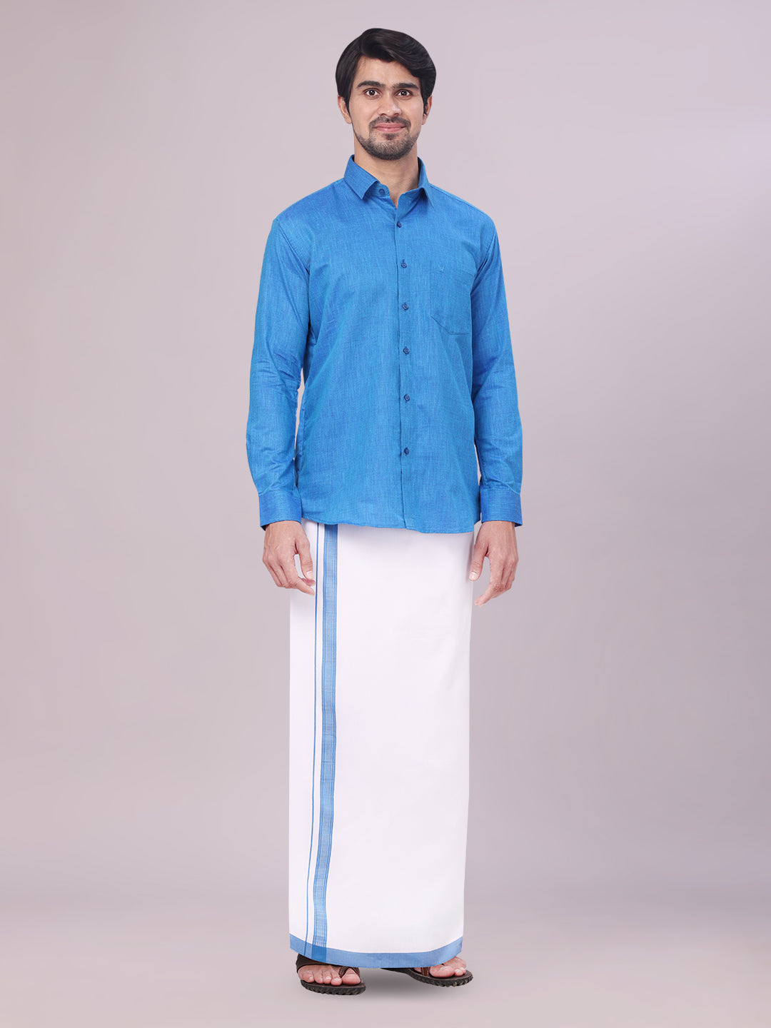 Men's Blue Color Cotton Shirt with Matching Border Dhoti Combo