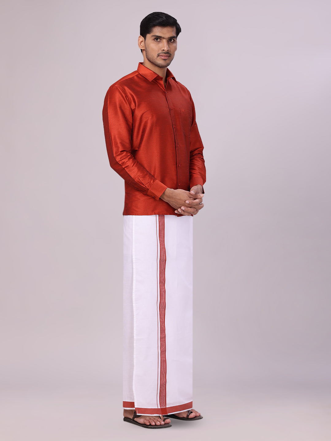 Mens Brick Red Dupion Satin Color Shirt with Matching Border Flexi Dhoti Combo Gora Flexi