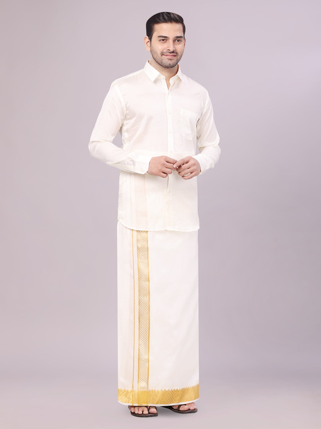 Mens Art Silk Cream Jacquard Full Sleeves Shirt with 2 1/2" Jari Border Dhoti Combo Nautica