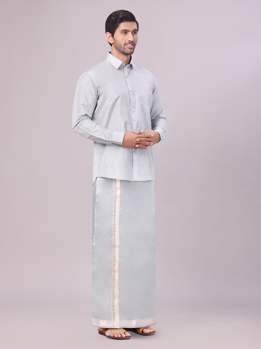 Men's Art Silk Steel Grey Full Sleeves Shirt with Silver Jari Border Flexi Dhoti Combo Finesse