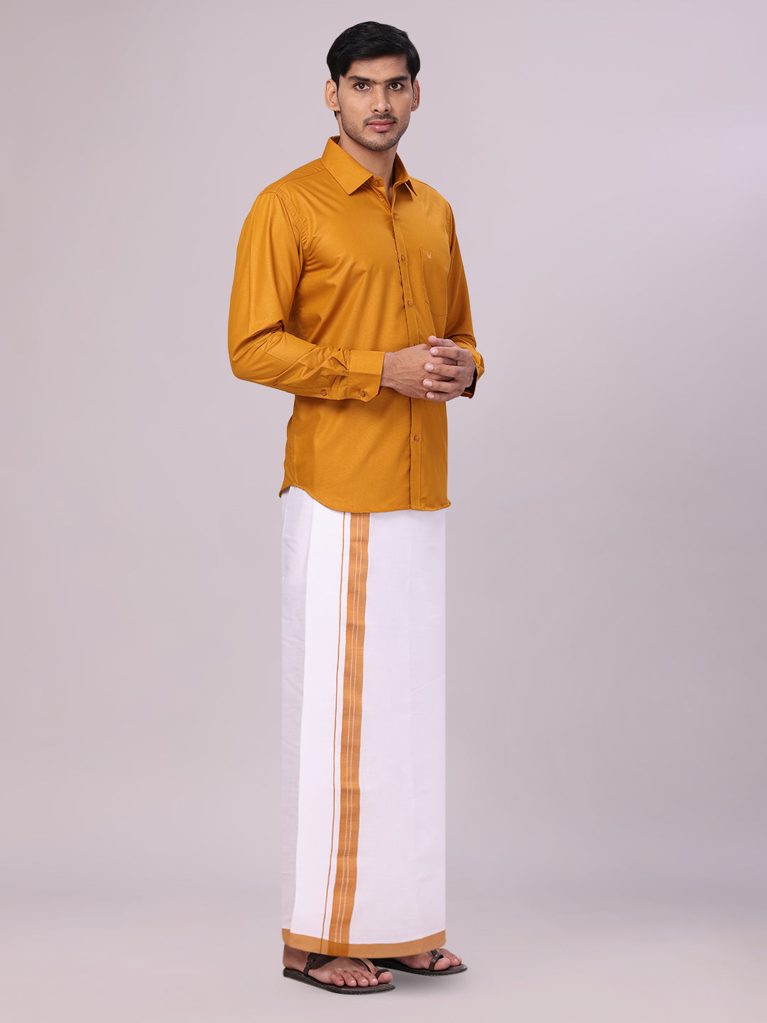 Men's Cotton Golden Yellow Matching Shirt and Dhoti Combo Luster side pose