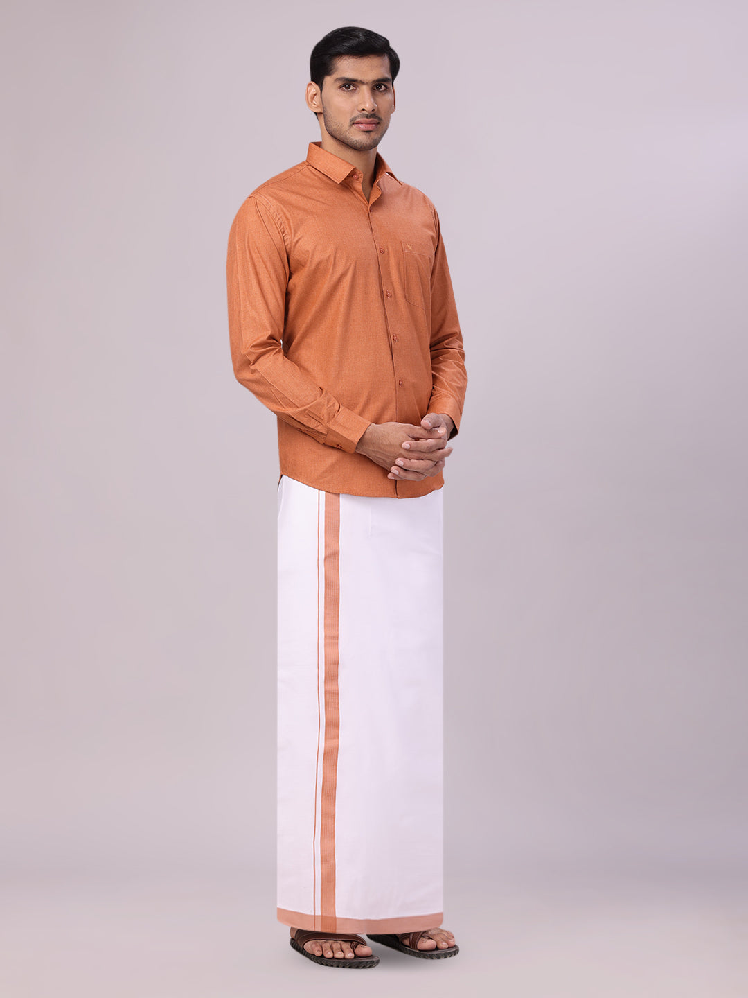 Men's Brown Color Shirt with Matching Border Dhoti Combo Casper side pose
