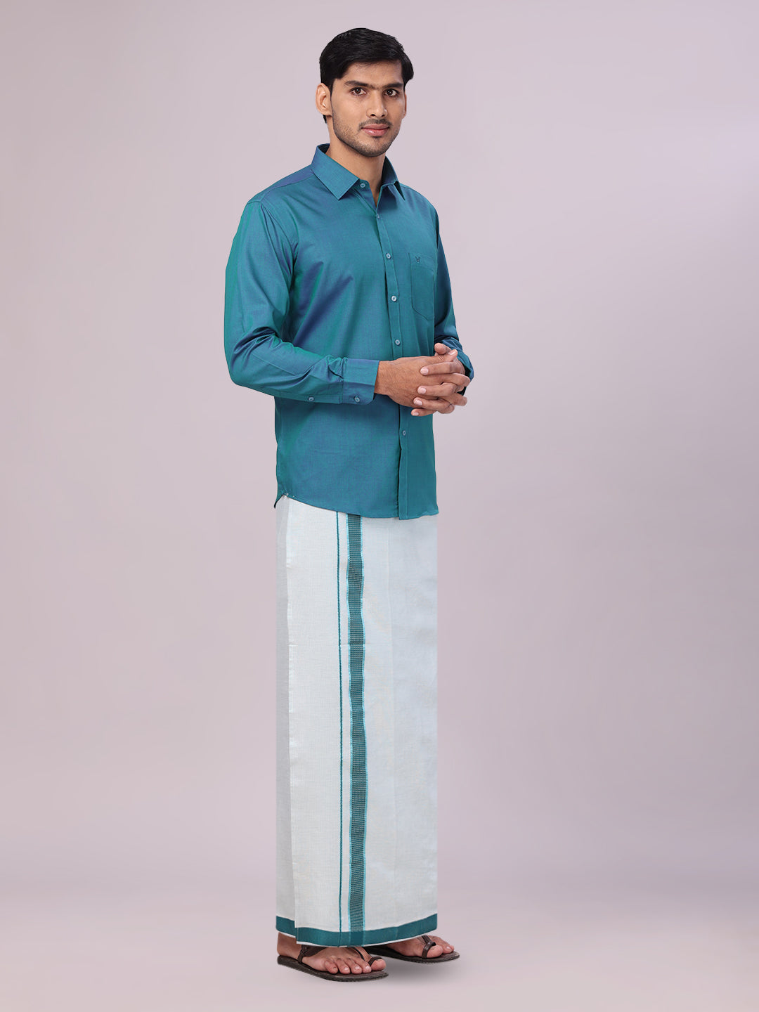Men's Green Color Cotton Shirt with Matching Border Tissue Dhoti Combo side pose