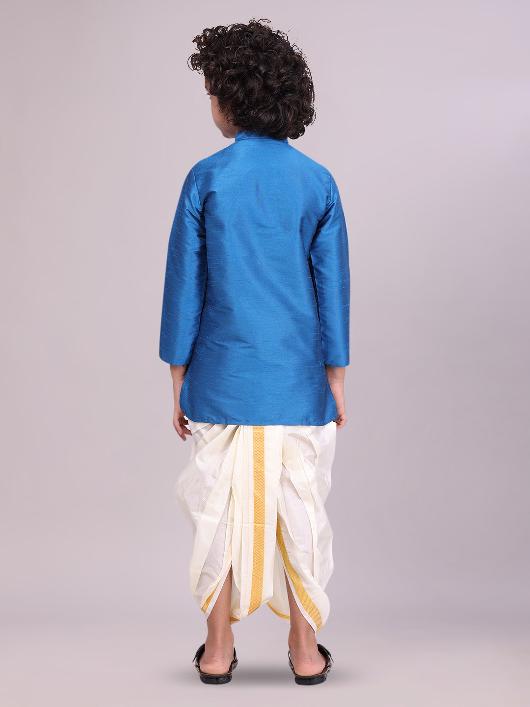 Boys Blue Colour Kurtha with Gold Jari Panchakacham Combo Chitrang back pose