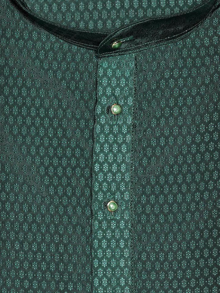 Men’s Bottle Green Jacquard Printed Mandarin Collar Kurta 11007