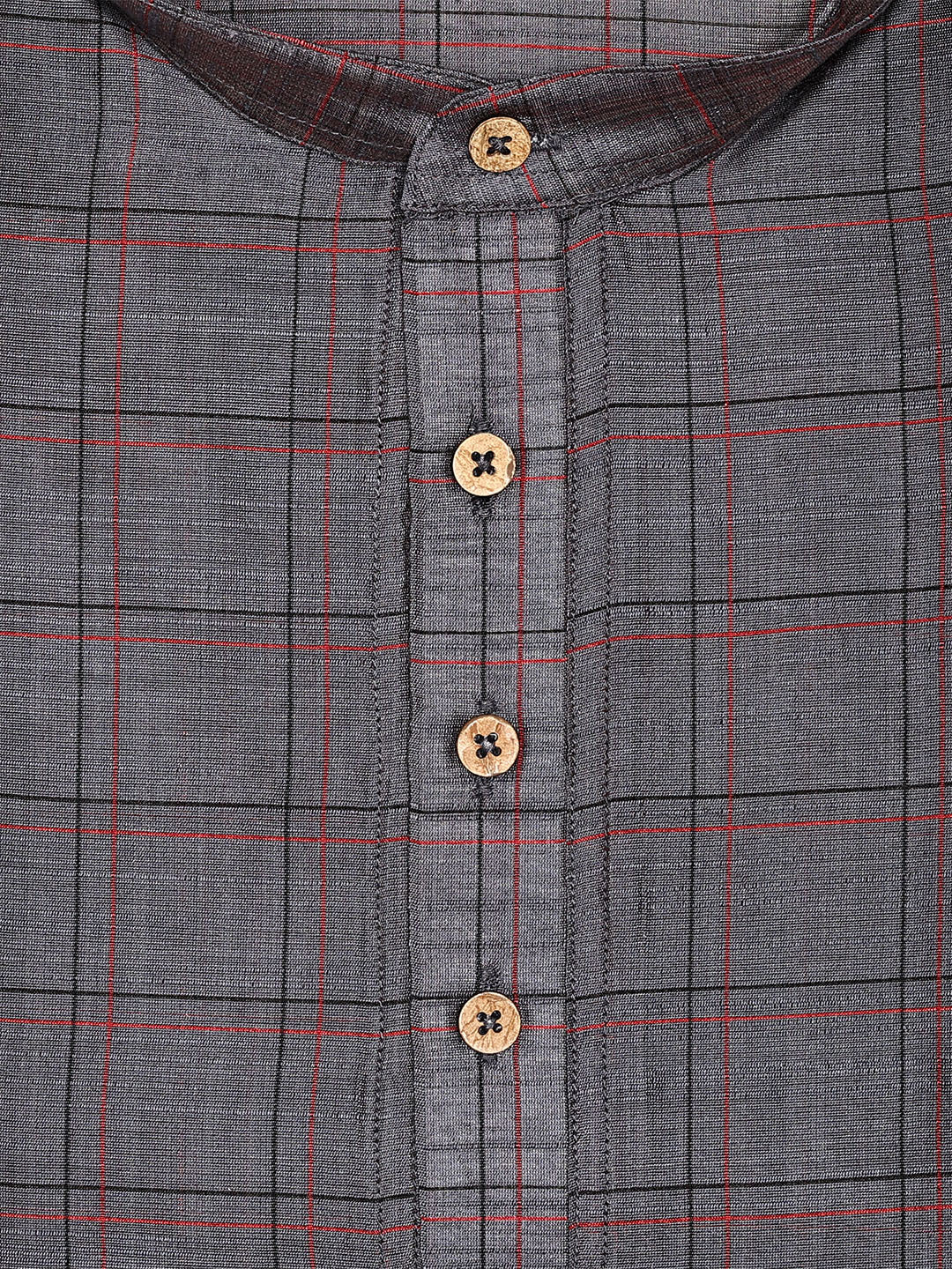 Men's Cotton Blend Grey with Red Checked Mandarin Collar Kurta 10127