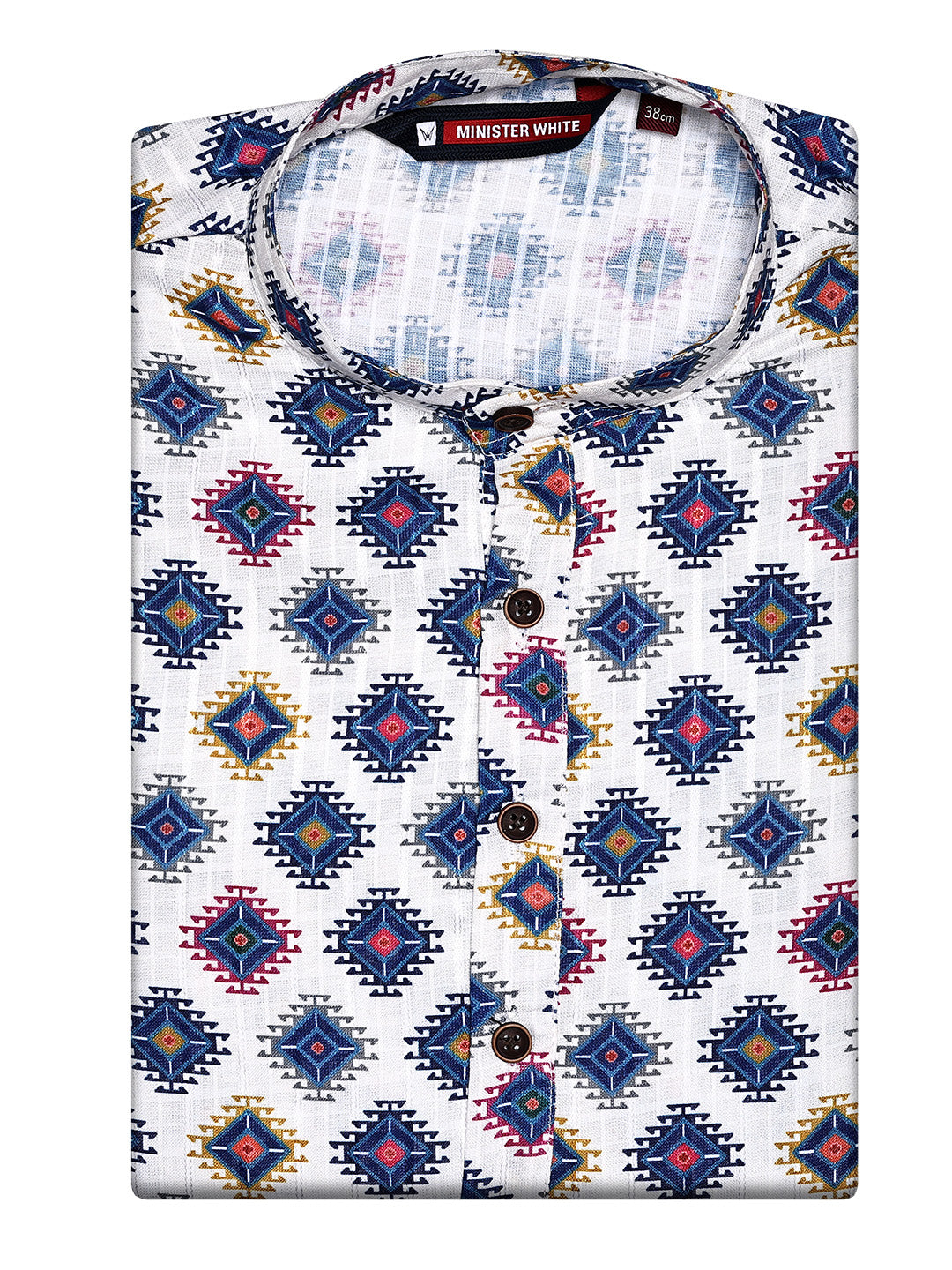 Men's Cotton White Multicolor Printed Mandarin Collar Kurta 11003