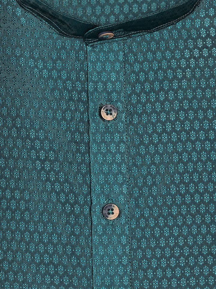 Men’s Teal Green Jacquard Printed Mandarin Collar Kurta 11007