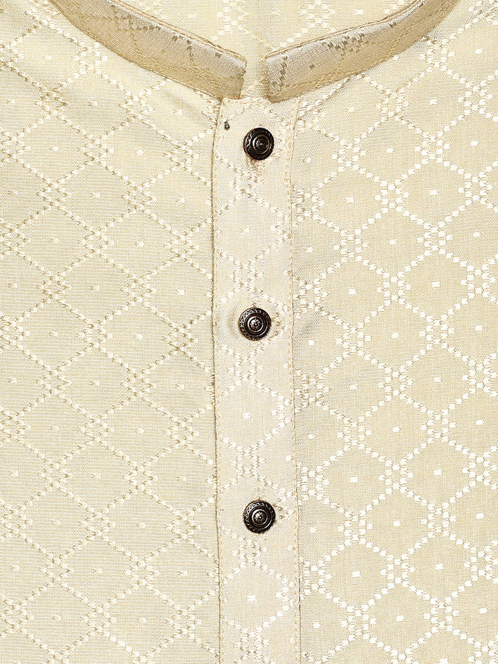 Men’s Beige Geometric Jacquard Printed Mandarin Collar Kurta 30002