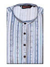 Men’s White & Blue Striped Ikat Printed Mandarin Collar Cotton Kurta 11003