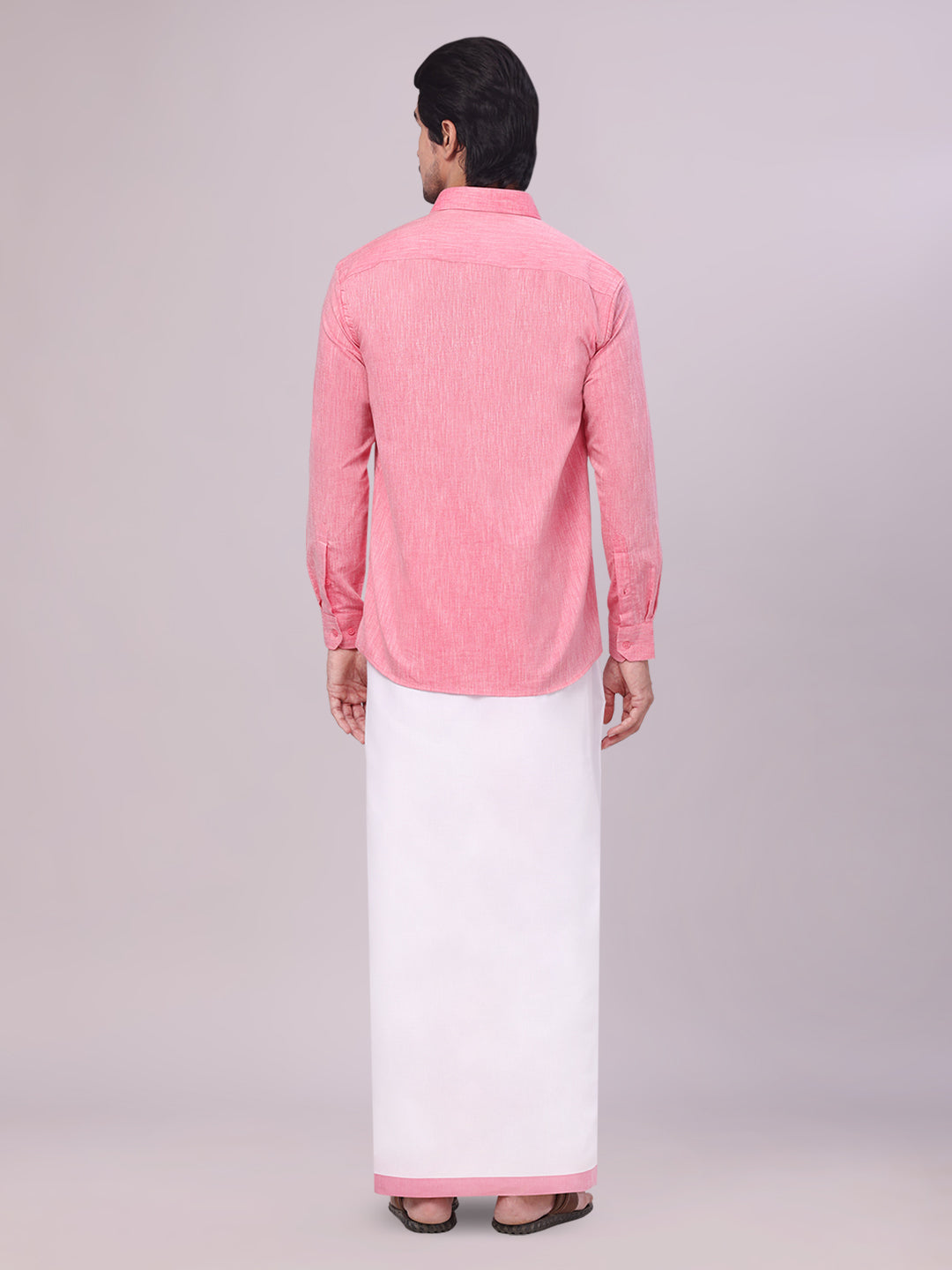 Men's Pink Color Cotton Shirt with Matching Border Dhoti Combo back pose