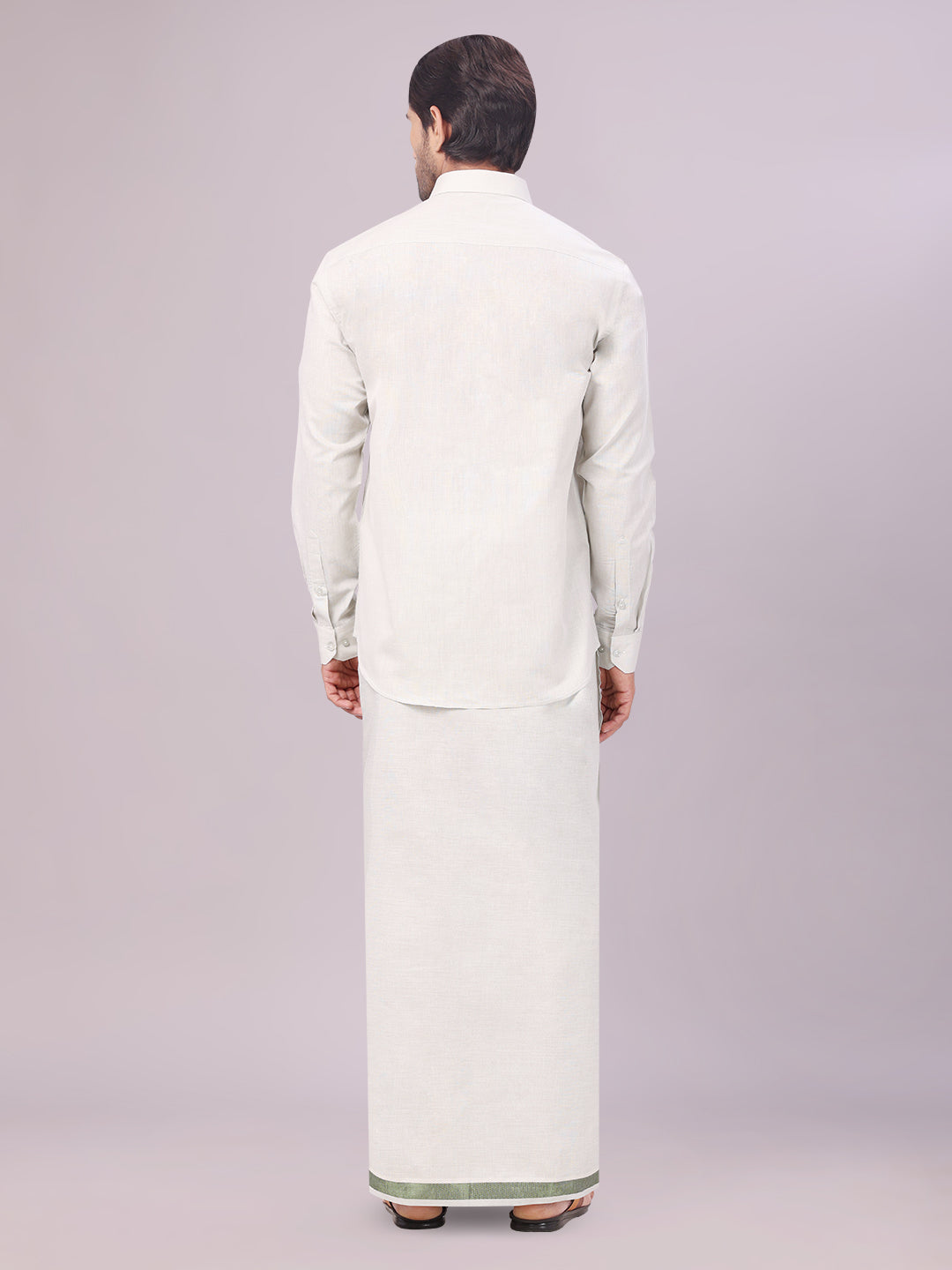Men's Olive Green Color Tissue Shirt with Jari Dhoti Combo back pose
