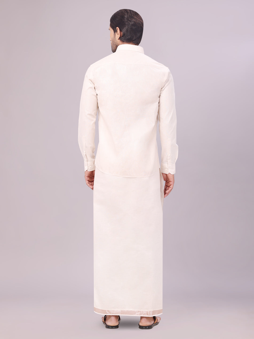 Men's Almond Color Tissue Shirt with Jari Dhoti Combo back pose