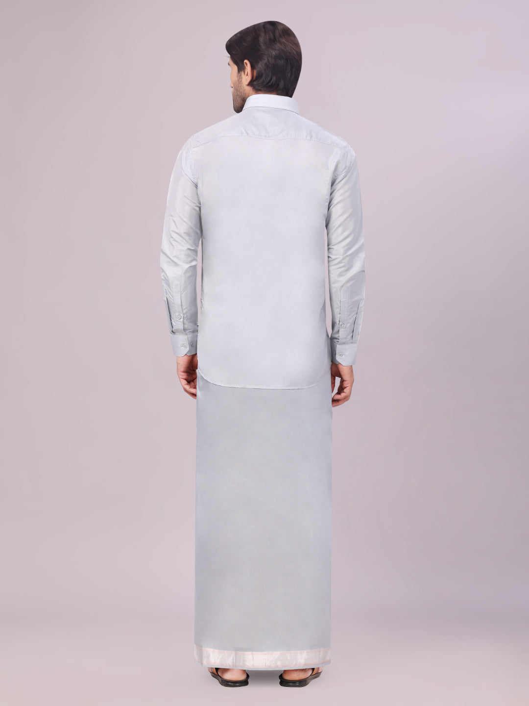 Men's Art Silk Steel Grey Full Sleeves Shirt with Silver Jari Border Flexi Dhoti Combo Finesse