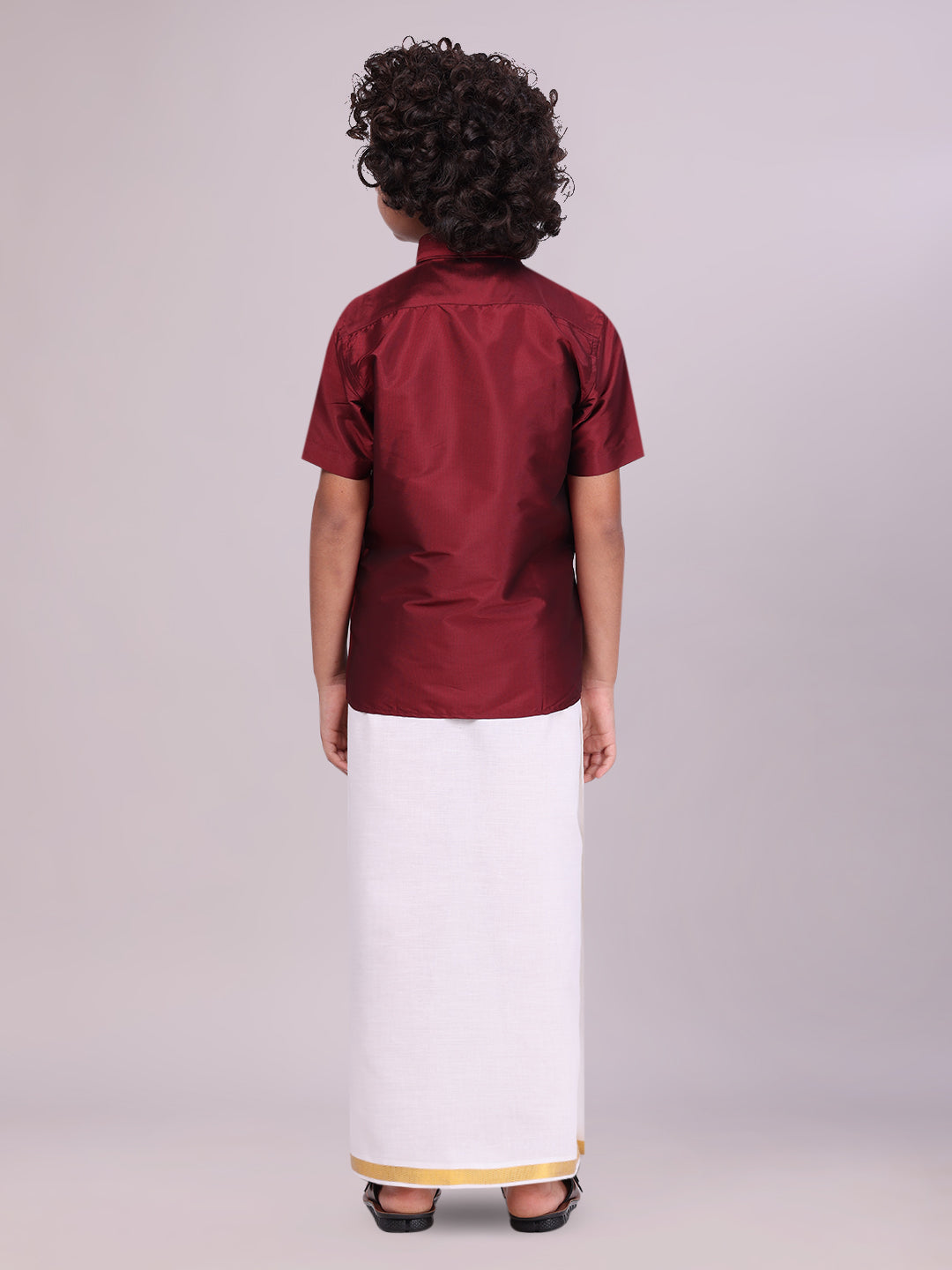 Boys Art Silk Maroon Half Sleeves Shirt with Gold Jari Flexi Dhoti Towel Combo back pose