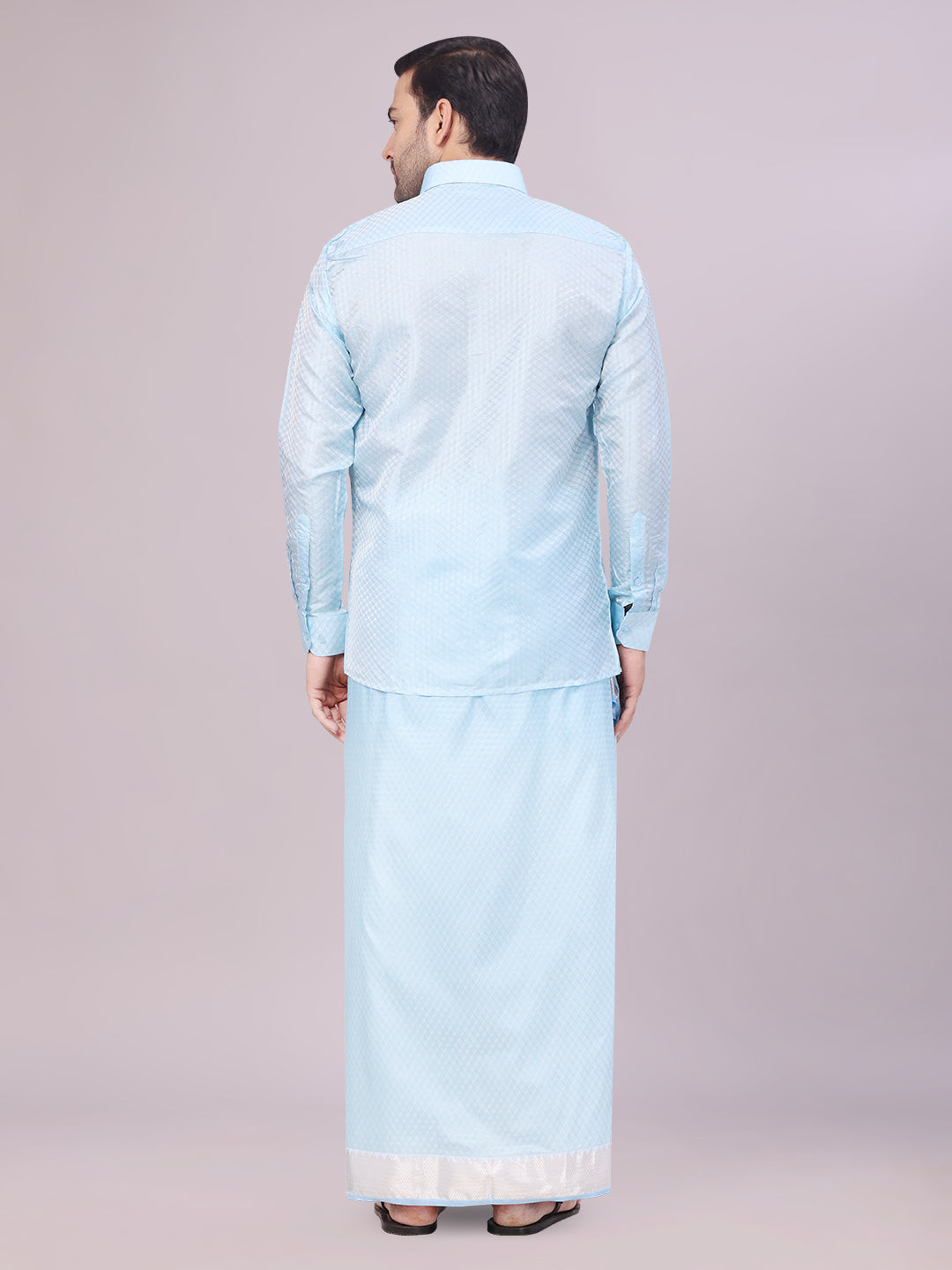 Men's Art Silk Sky Blue Jacquard Full Sleeves Shirt with 2 1/2" Jari Border & Towel Dhoti Combo Nautica