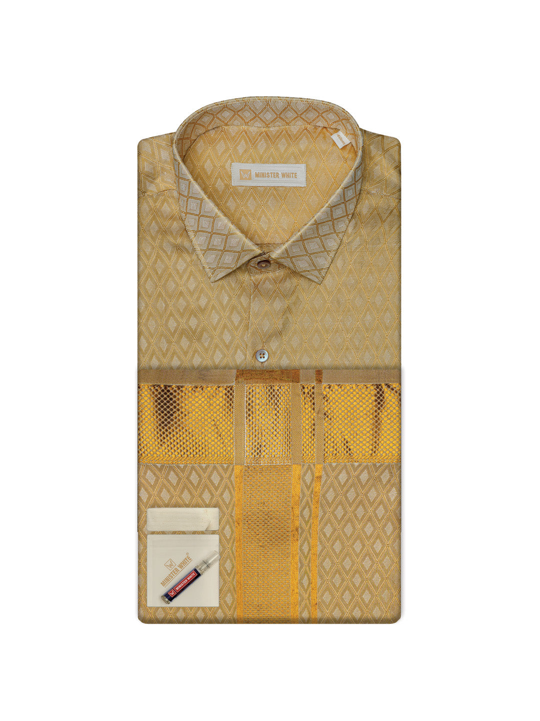 Art Silk Gold Shirt & Gold Border Dhoti Wedding Set ministerwhite.com Art Silk Gold Shirt & Gold Border Dhoti Wedding Set ministerwhite.com