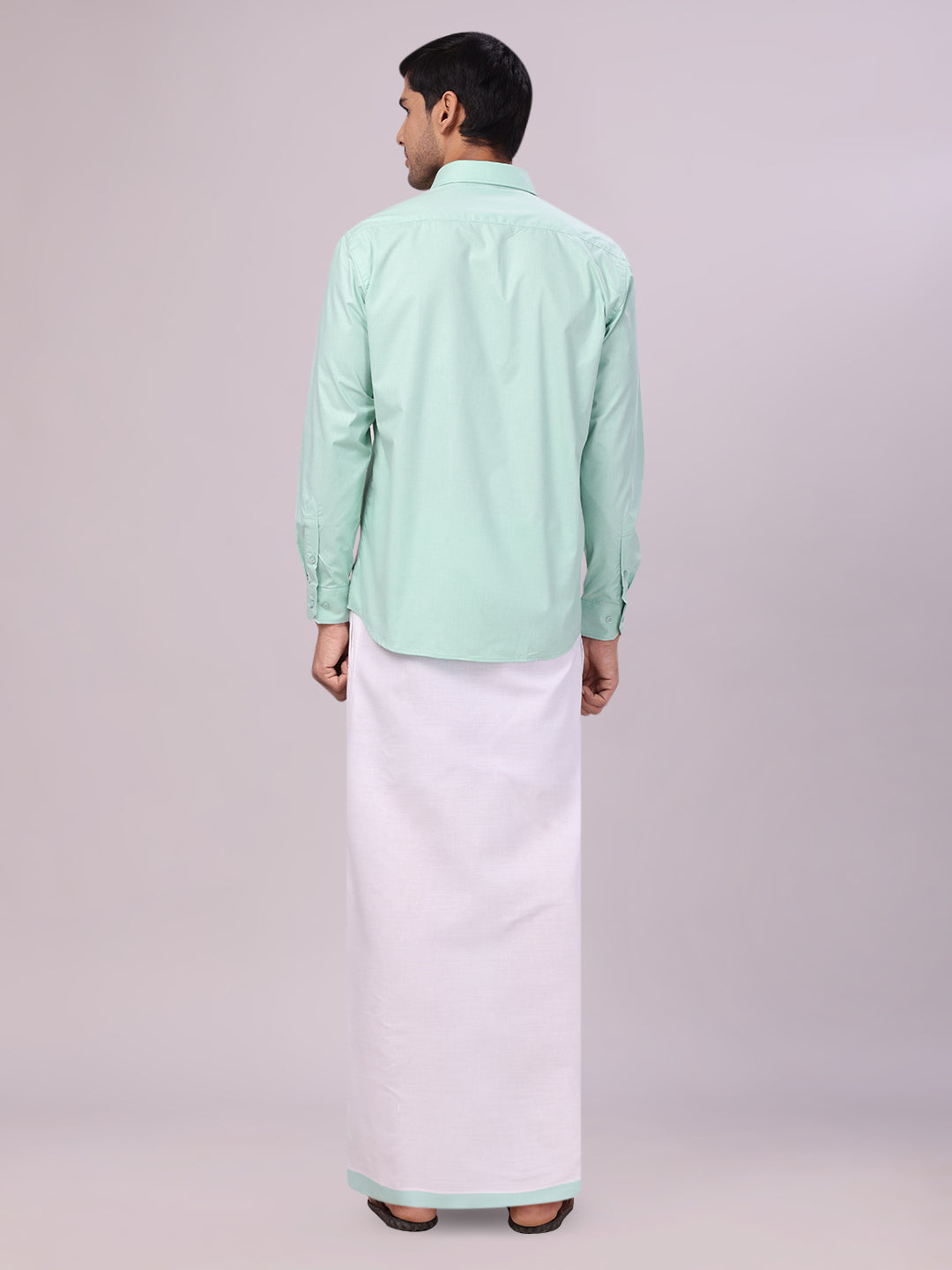 Men's Sea Green Color Shirt with Matching Border Dhoti Combo Casper back pose