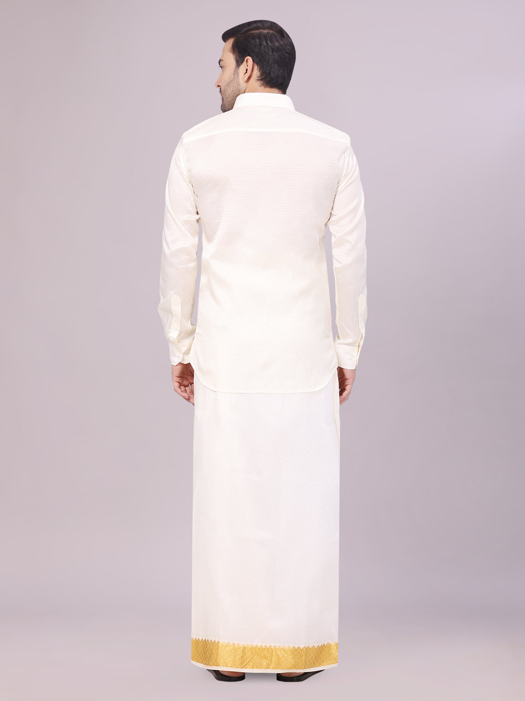 Mens Art Silk Cream Jacquard Full Sleeves Shirt with 2 1/2" Jari Border Dhoti Combo Nautica