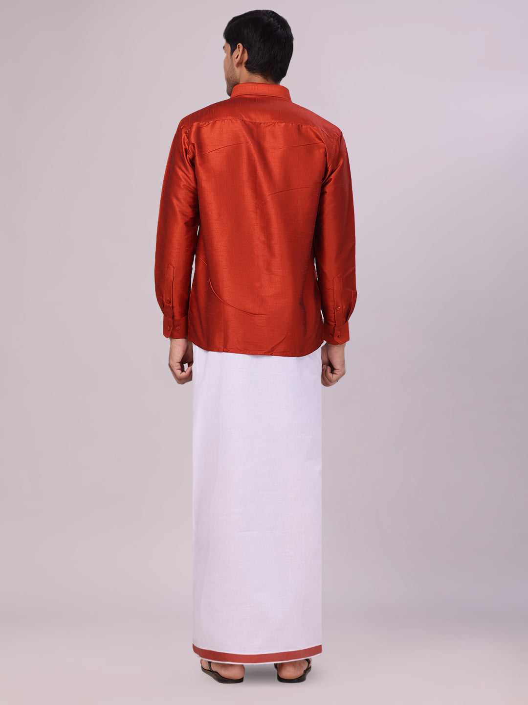 Mens Brick Red Dupion Satin Color Shirt with Matching Border Flexi Dhoti Combo Gora Flexi