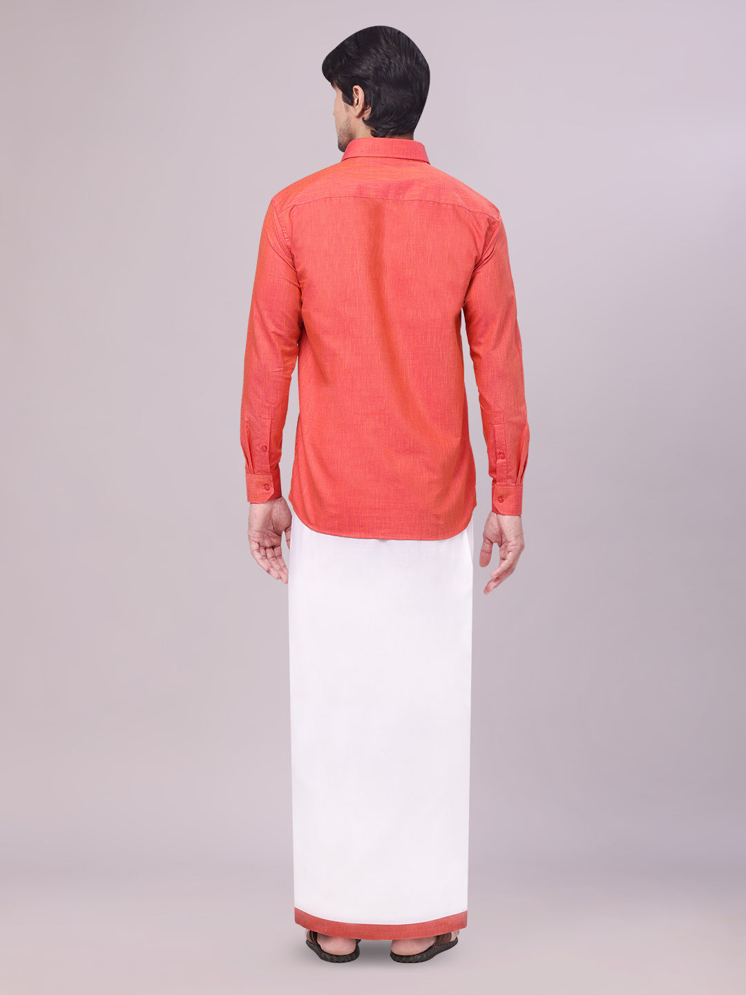 Father & Son Brick Color Cotton Shirt with Matching Border Dhoti Combo